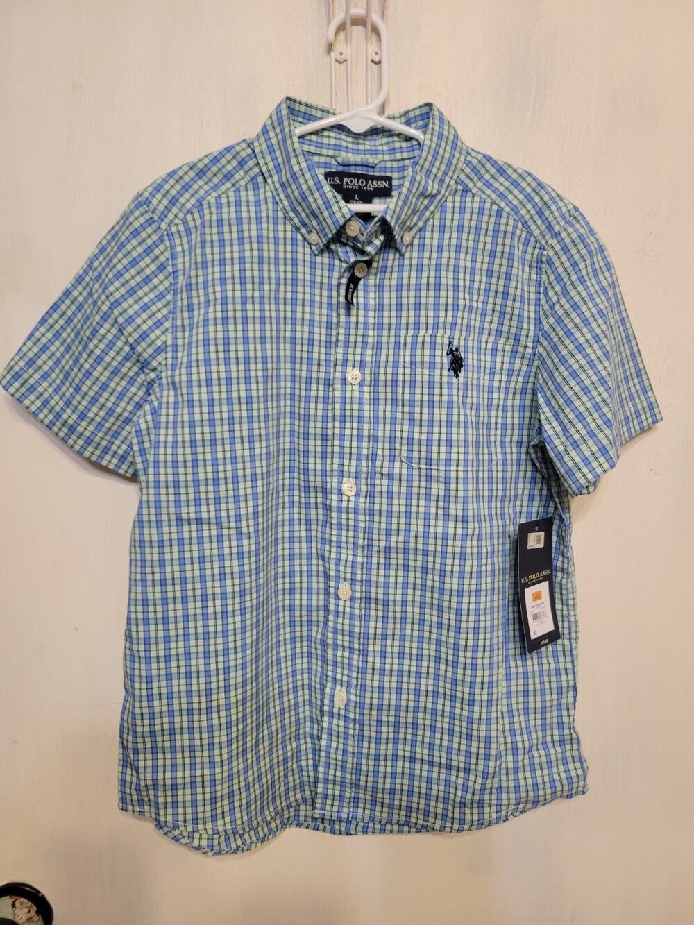 U.S. Polo Assn Boys Plaid Button Down Shirt Size Large Short Sleeve New